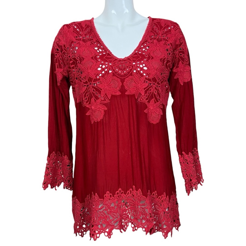 Johnny Was Burgundy/Red V Neck Cupra Rayon Lace Tunic Medium